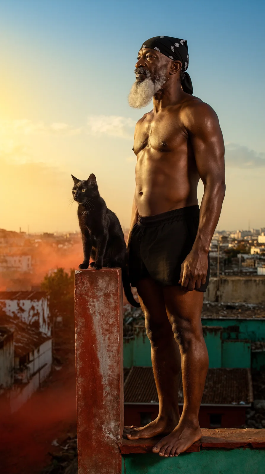 TMANECAS com um gato preto num telhado de Luanda ao pôr do sol